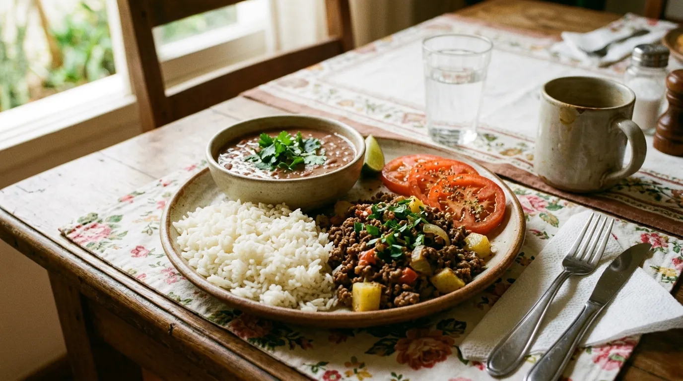 Prato caseiro brasileiro servido com arroz soltinho, feijão e carne moída refogada com legumes