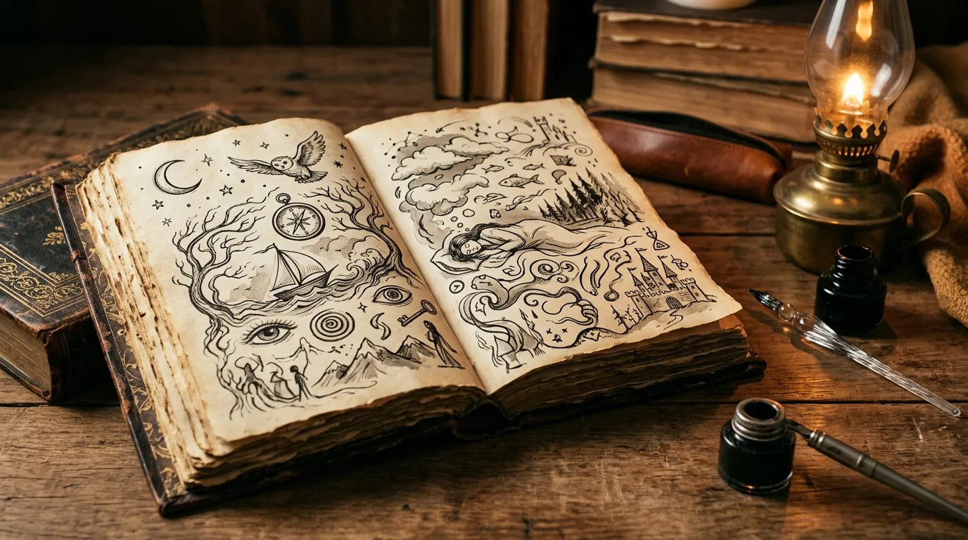 Livro antigo aberto com interpretações de sonhos e sabedoria